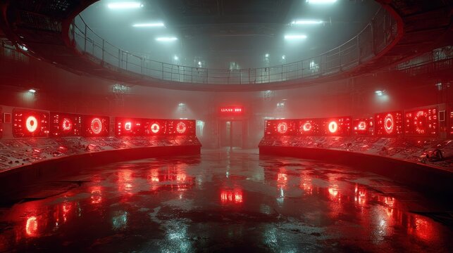 Circular control room with pulsing red warning lights, futuristic tech atmosphere