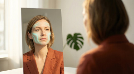 Woman with glowing green lines on her face looking in the mirror, contemplating her appearance
