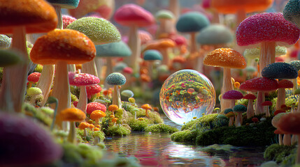 una esfera de cristal en medio de un bosque o un mundo lleno de hongos de fantasia gigantes coloridos y surrealistas 