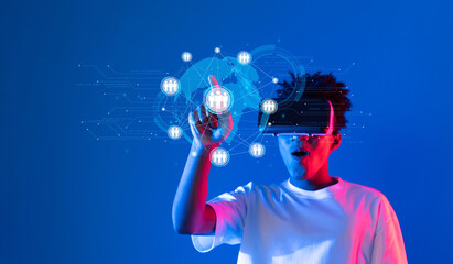 A young person in virtual reality headset interacts with a digital network, symbolizing global communication and connection in the modern digital landscape. XDMCP