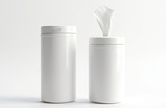 Two white canisters of sanitizing wipes shown on clean background. One container paper towel pulled out of top opening, ready for use in cleaning. Closed. Wipes help keep homes, public spaces clean,