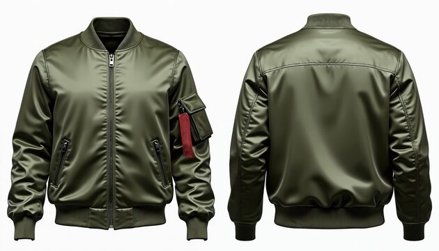 Green bomber jacket front and back views isolated on white background. Satin fabric with zipper pockets and arm pouch. Modern casual outerwear.