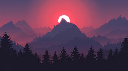 A serene mountain landscape at sunset with trees