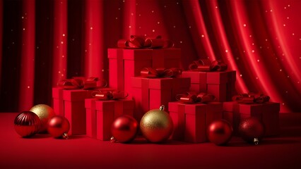 Red christmas gifts and ornaments on a red velvet curtain background
