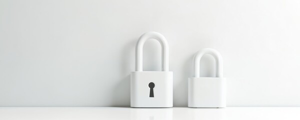 Two white padlocks stand on reflective surface against plain white background. One lock larger, visible keyhole. Simple composition suggests privacy data protection, digital security concepts. Image