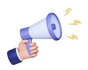3d cartoon hand holding a purple megaphone for announcement or promotion isolated on transparent background