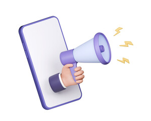 3d hand holding megaphone emerging from smartphone isolated on transparent background