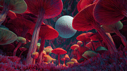 un mundo surrealista de hongos de color ojo llamativos gigantes con la luna al fondo para dise&ntilde;o de plantilla mundo encantado de ensue&ntilde;o