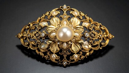 Ornate Gold Brooch with Pearl Centerpiece.