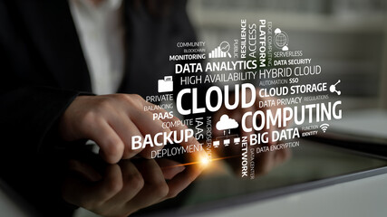 A professional setting showcasing cloud computing concepts, highlighting analytics and data management while emphasizing security and storage solutions for modern businesses. Tessel