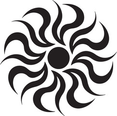 Black and white stylized flower with curved petals and central circle