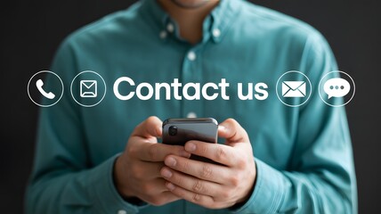 Businessman using smartphone with contact us icon or customer support hotline people connect for contact us concept.