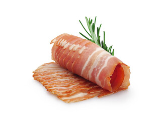 Sliced prosciutto crudo or jamon, dry-cured ham, isolated on white background