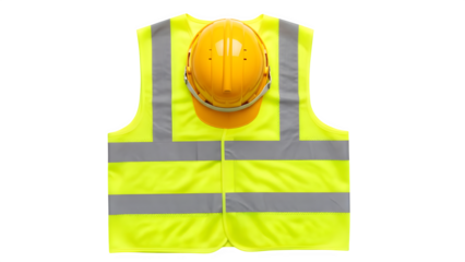 Yellow safety vest with hard hat isolated on transparent background for construction and industrial work