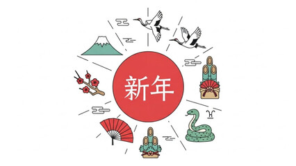 Vibrant Japanese New Year celebration symbols and icons