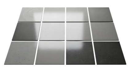 Set of twelve square ceramic tiles in various shades of grey and white, arranged in a 3x4 grid isolated on transparent background