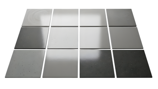 Set of twelve square ceramic tiles in various shades of grey and white, arranged in a 3x4 grid isolated on transparent background - Powered by Adobe