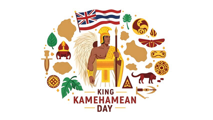 Fototapeta premium Vibrant King Kamehamean Day illustration with Hawaiian flag and warrior