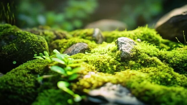 Vibrant green moss and stone formation in natural environment