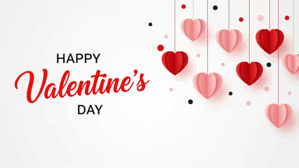 Romantic Valentine's Day greeting card with elegant typography and hanging paper hearts in shades of red and pink, perfect for expressing love and celebration on a festive white background
