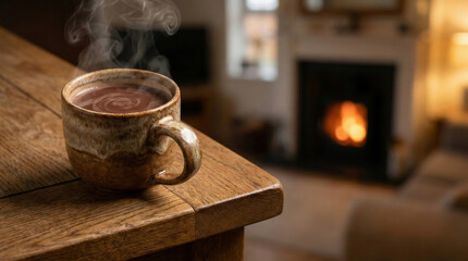 Steaming ceramic mug of hot cocoa with fireplace bokeh background