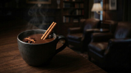 Spiced dark hot chocolate with cinnamon stick on dark wood table