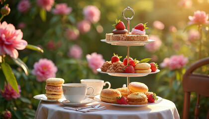 Elegant afternoon tea served on tiered stand with cakes and strawberries in a blooming garden. Cups and pastries on table with soft sun light. Relaxing garden party.
