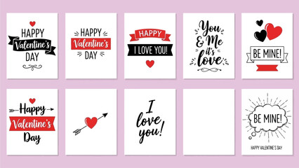 Fototapeta premium Collection of Valentine's Day greeting cards with romantic messages and symbols