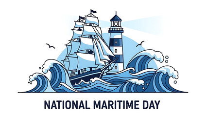 National Maritime Day illustration with sailboat and lighthouse