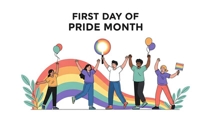 Fototapeta premium Diverse group celebrating Pride Month with rainbow balloons and flag