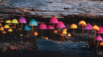 un paisaje de la naturaleza con hongos coloridos en tonos brillantes saliendo de la corteza e la vida salvaje de la selva o el bosque vegetacion exotica