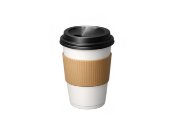 Disposable paper cup with dark cap and kraft cardboard holder, perfect for hot coffee, tea, or other drinks