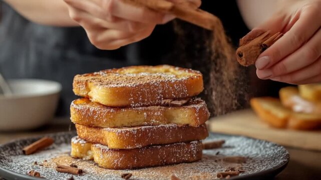 Stack of french toast with cinnamon sugar being sprinkled on top