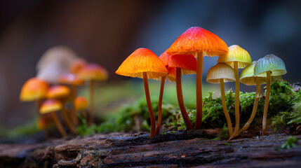 un paisaje de plantas salvajes en la naturaleza con el crecimiento de hongos coloridos y llamativos creciendo en la corteza del tronco d eun arbol