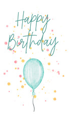 Hand painted Happy birthday card with watercolor balloon and confetti.