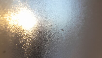 Macro shot of frozen glass window with ice crystals and morning sunlight refraction, winter aesthetic background