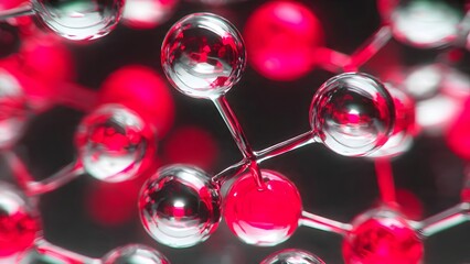 Transparent glass molecular structure glows red, showcasing futuristic nanotech scientific research and advanced chemical innovation design.