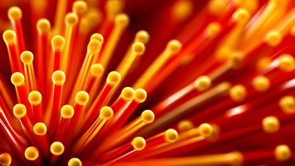 Abstract glowing red glass tubes release explosive data particles, forming an intense energy burst of laboratory analytical illumination, representing scientific innovation and vibrant technological.