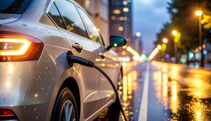 Electric car charging at a station on a city street at dusk, rainy weather with bokeh lights