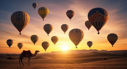 Naklejka premium Majestic Camel Watches Hot Air Balloons Drift Over Desert Dunes at Dawn