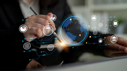 A global business network and digital infrastructure concept. A worldwide connection of services including data, finance, and secure communication. Motif