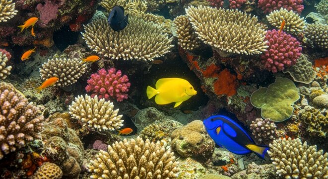 Vibrant Underwater Tapestry: Tropical Fish Amidst Colorful Corals