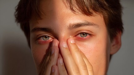 Young person with red irritated eyes and hands covering face in soft warm sunlight