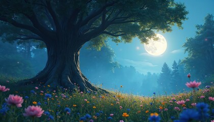 Majestic tree grows in a forest meadow full of colorful wildflowers under a bright full moon. Blue sky and mist create a mystical night scene. Lush green foliage surrounds the serene landscape.