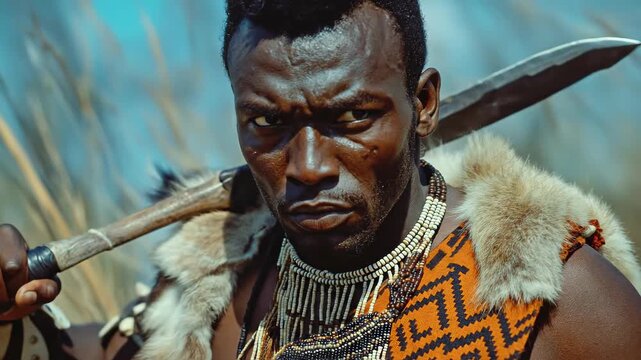 Intense Zulu warrior with formidable gaze wearing traditional fur and bead adornments, holding mighty weapon across his shoulder in vast savanna.