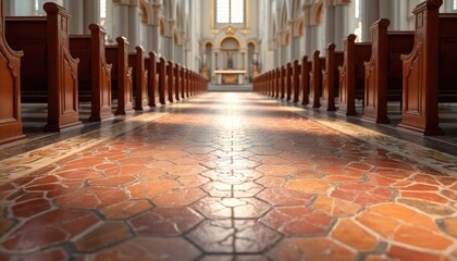 Fototapeta premium Interior view of church aisle with wooden pews on sides. Octagonal terracotta floor tiles reflect sunlight. Altar and cross visible at far end of nave. Religious architecture.