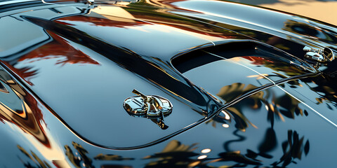 Glossy Black Car Hood Reflecting Palm Trees and Sky