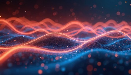 Abstract waves of glowing particles flow in blue and orange. This digital data stream creates an energetic, futuristic flow. It suggests movement and information transfer in cyberspace.