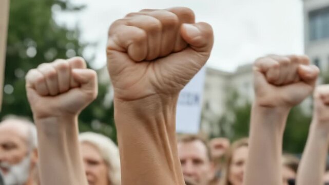 Unified group raises powerful clenched fists high in unison, asserting fundamental human claims for social justice, advocating collective liberty and equal privileges.