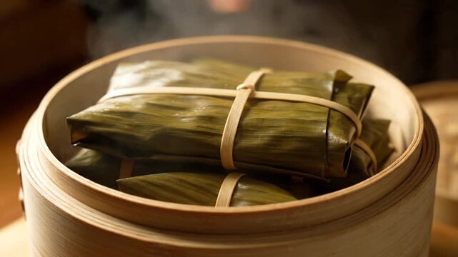 Steaming Traditional Filipino Food Wrapped in Banana Leaves Placed in a Bamboo Steamer on a Brown Wooden Table Top